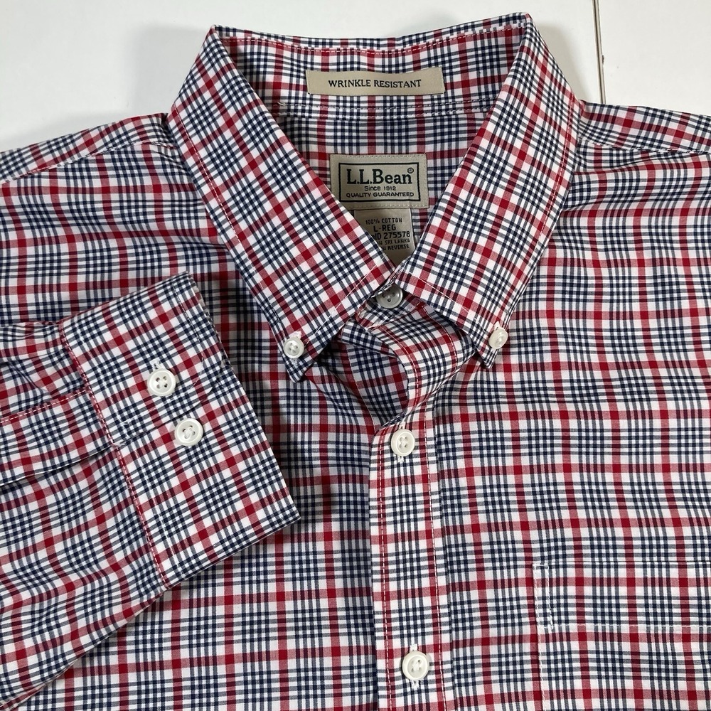 LL‎ Bean Long Sleeve Button Shirt Large Red Black Plaid Kennebunk Wrinkle Resist